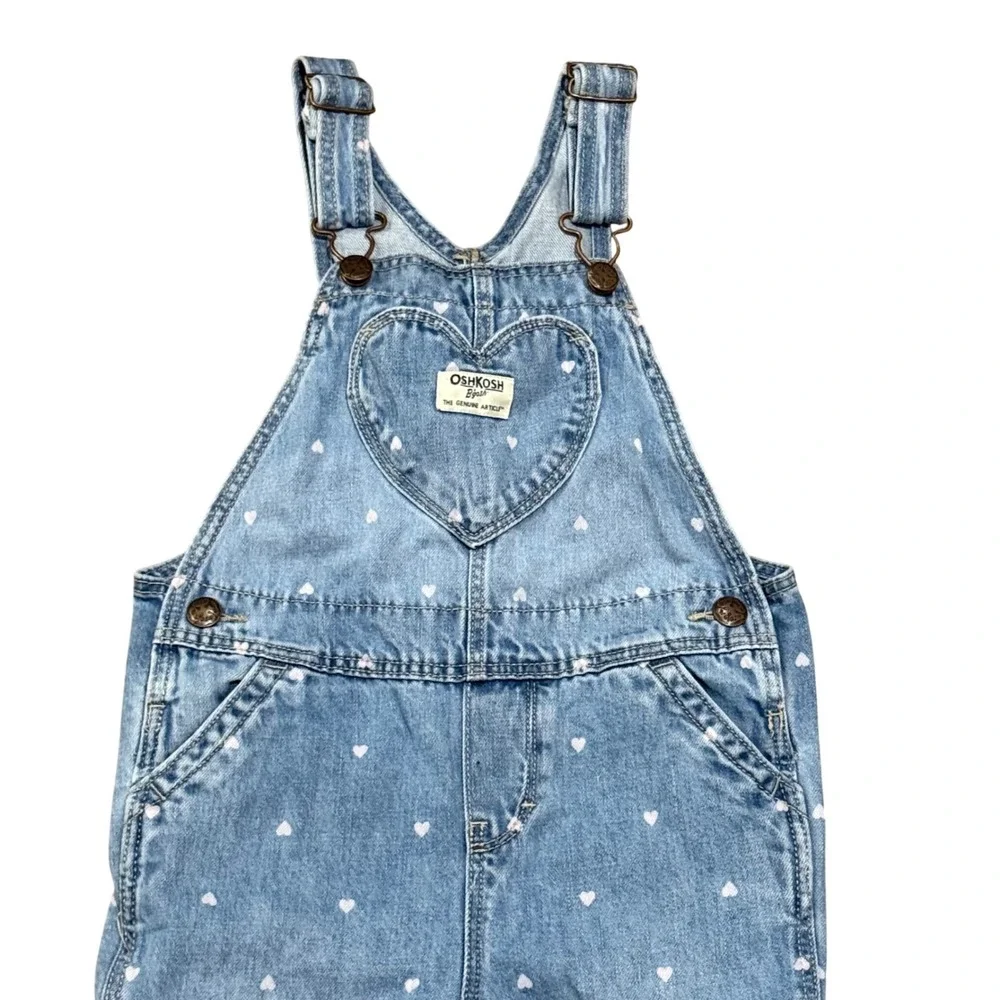 OshKosh B'gosh Girls Blue Heart Print Denim Overalls Size 5T Light Wash Bibs